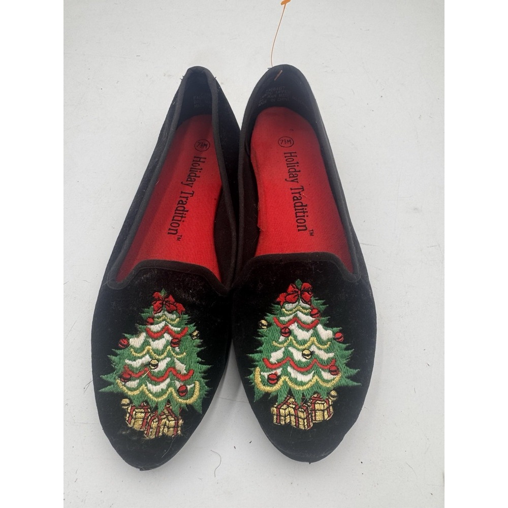 Vintage Holiday Edition Black Velvet Christmas Tree Slip On Shoes Women Size 7.5